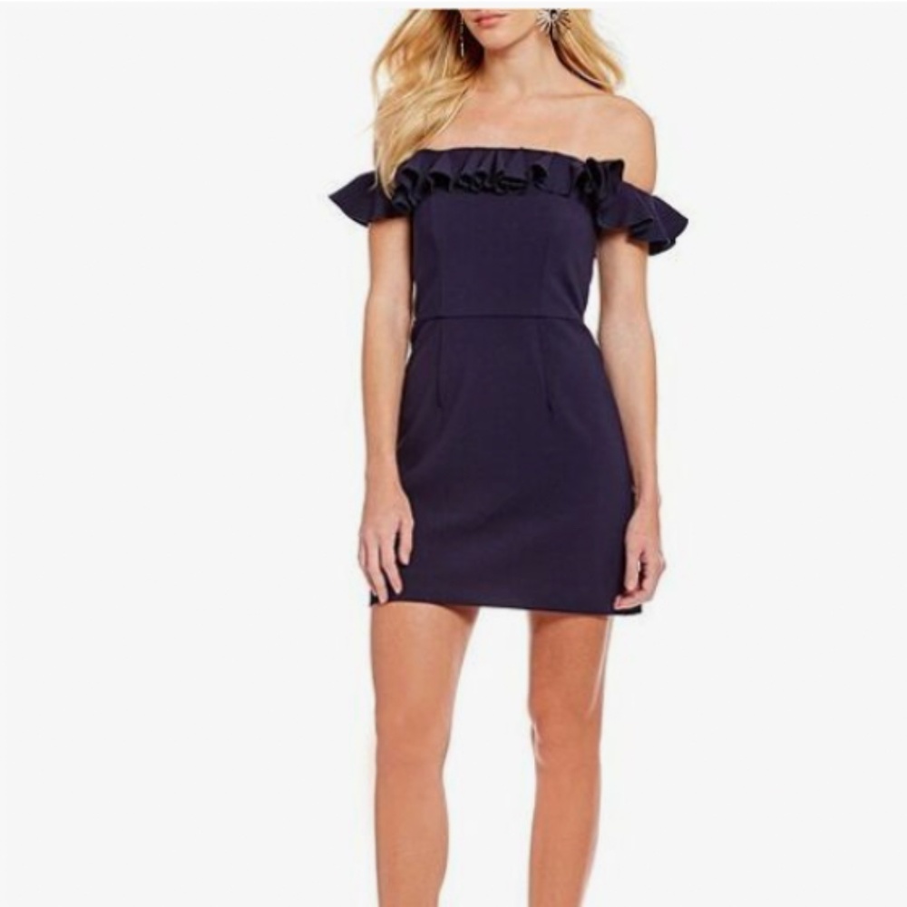 French Connection Women Navy Blue A-Line Off-Shoulder Ruffled Mini-Dress
